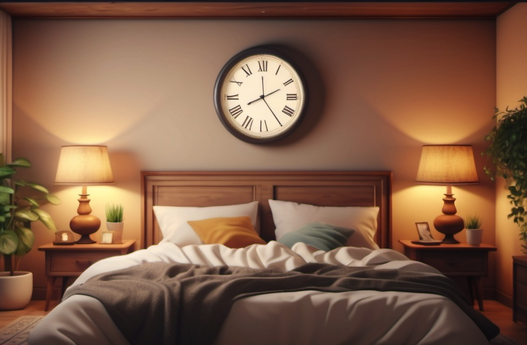 Bedroom with bed and big clock