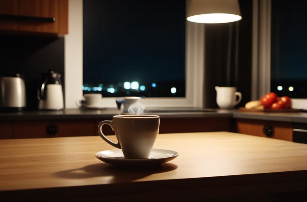 Coffee on table in the kitchen late night