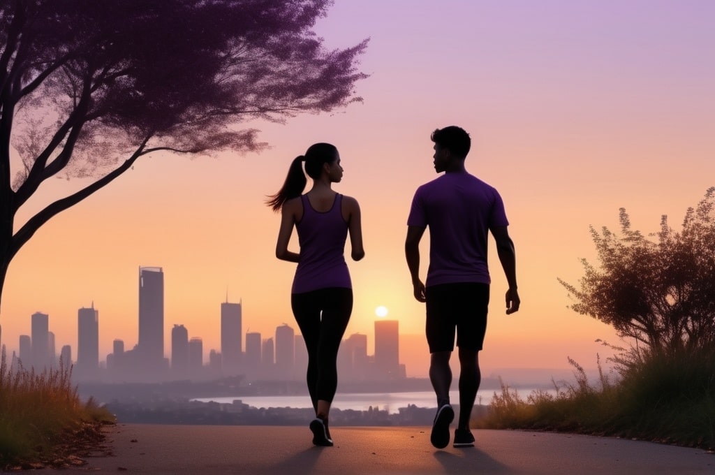  Two healhty people walking in the evening