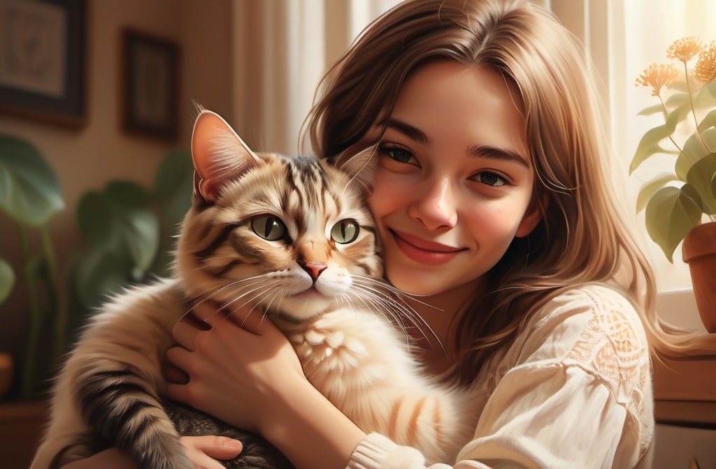 Girl hugging the cat connection, stress relief