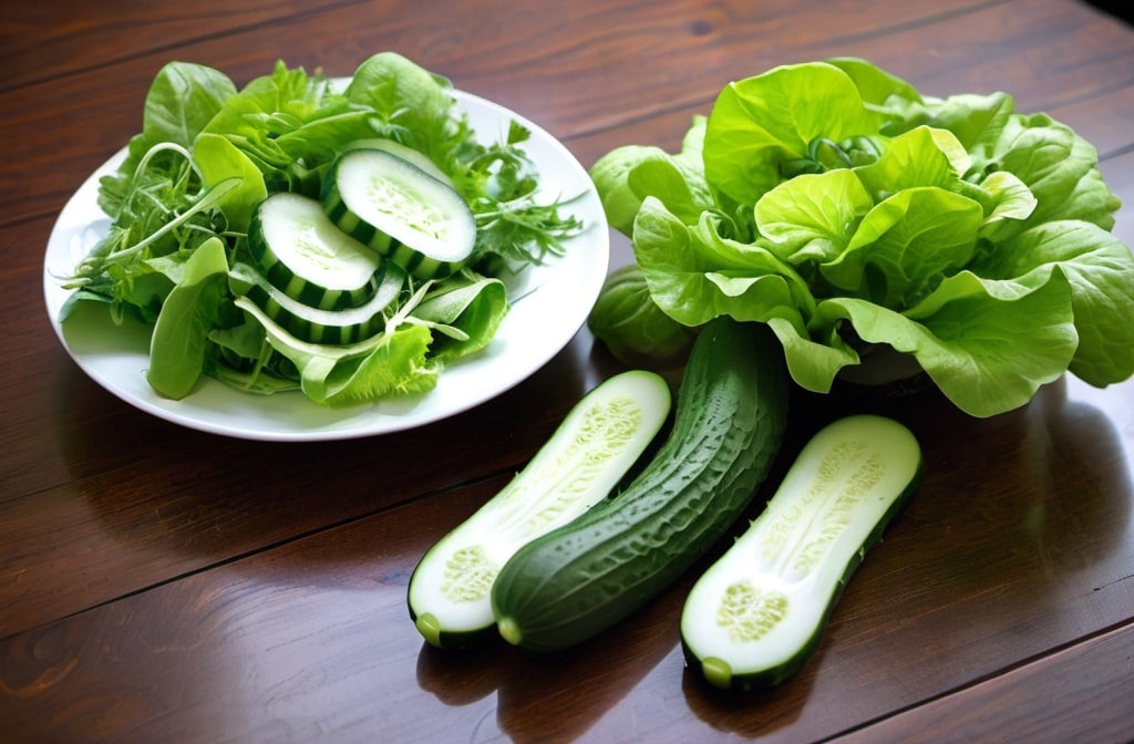Green veggies on table, cucumber, salad