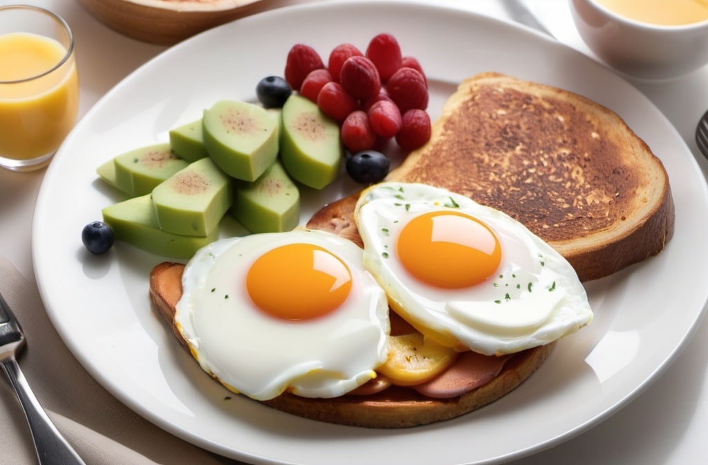 High protein breakfast with eggs, vegetables, fruits