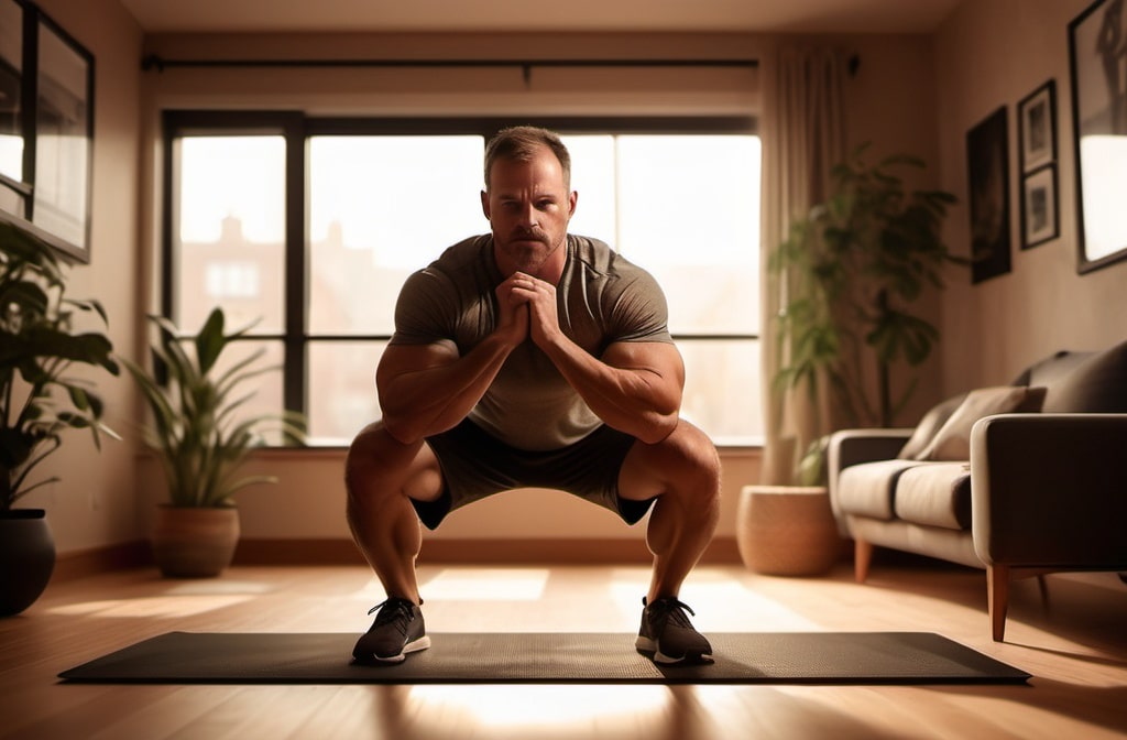 Man doing bodyweight squat at home
