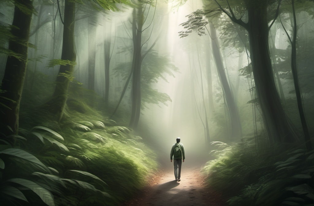 Man stay in nature, away from city and other smokers