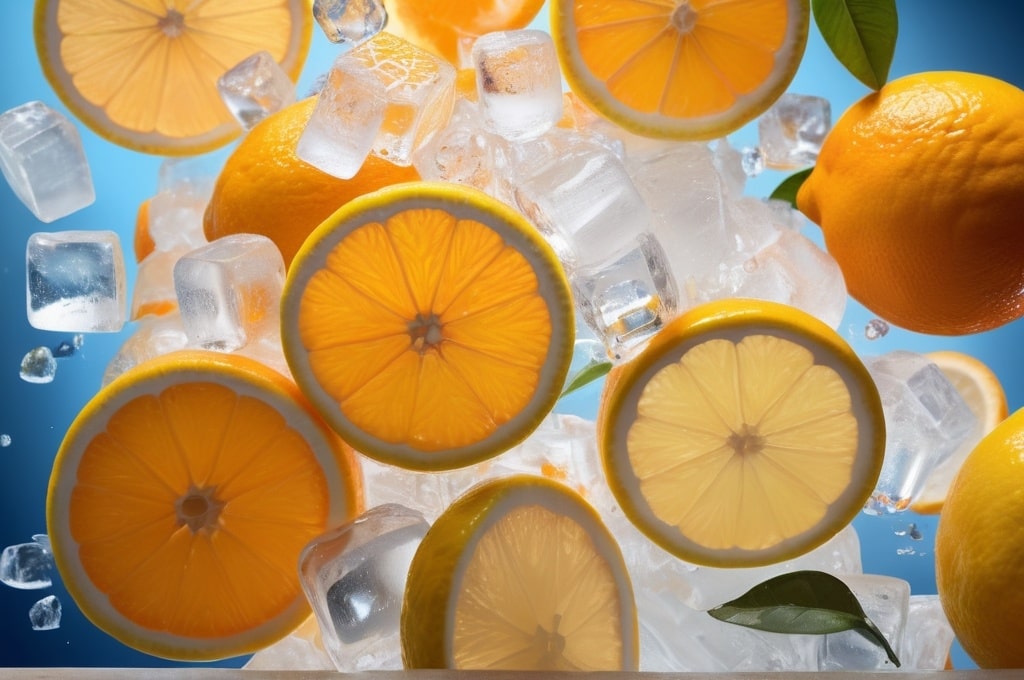 Morning juice with lemon, oranges, and Ice