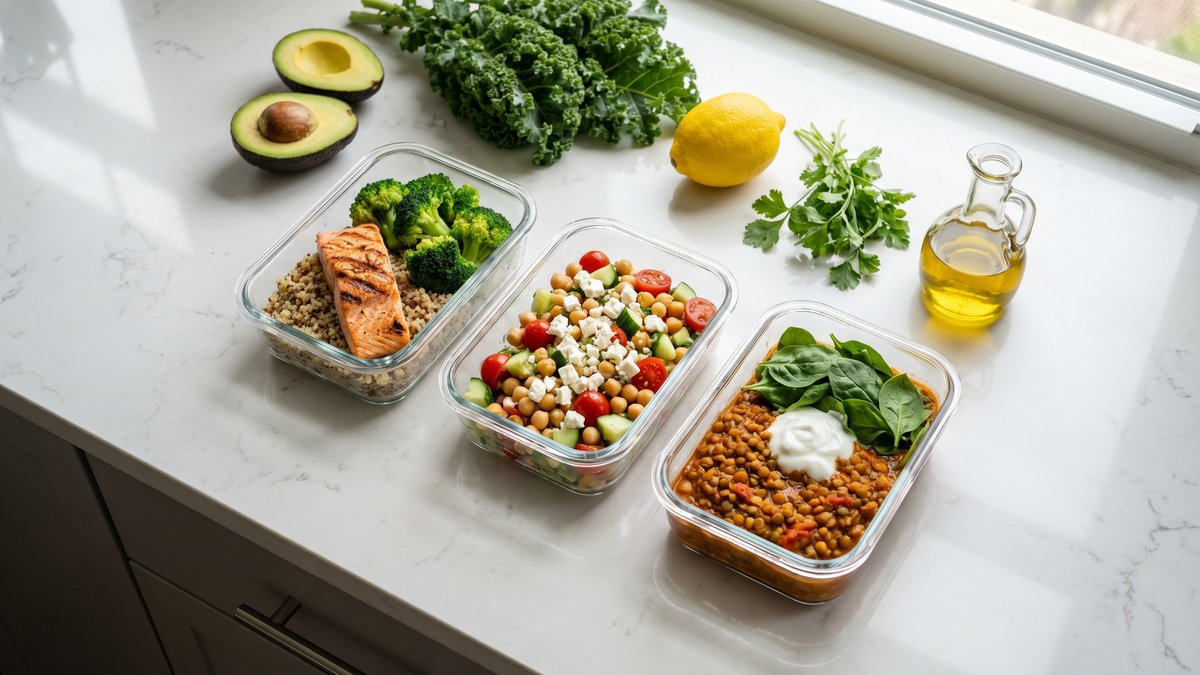 Top-down view of healthy high-protein and high-fiber meal prep containers featuring grilled salmon, quinoa, Mediterranean chickpea salad, and lentil stew on a clean kitchen counter.