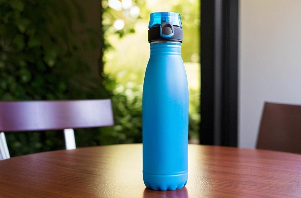 Blue reusable water bottle on table for hydrated