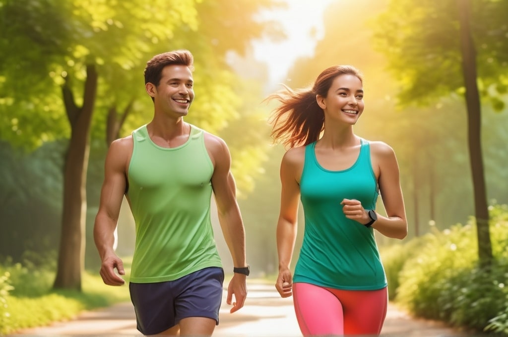  Two healhty people walking in the morning