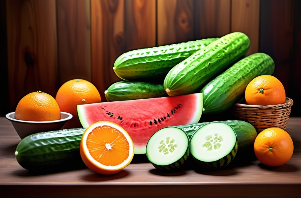 Water rich foods, cucumber, orange, watermelon
