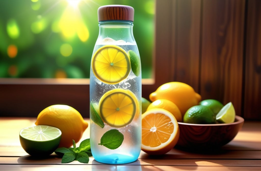 Bottle with infused water with fruits, lemons, oranges, mint for hydratation