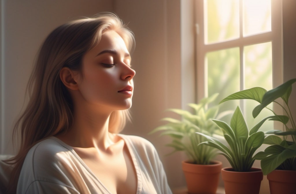Woman deep breathing morning