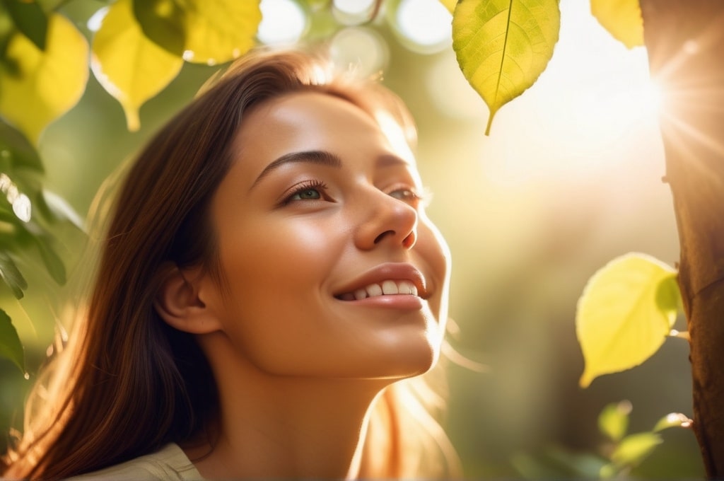 Woman on morning sunlight on face